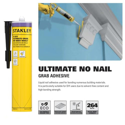 Stanley A603 Ultimate No Nail Grab Adhesive - Instant Grab Construction Adhesive for Window and Door, Drywall, Plaster Panel, Parquet Skirtings and DIY Decorations, 10.1 fl. oz. 1 Pack - size: 10.1 Fl. Oz. 1 Pack