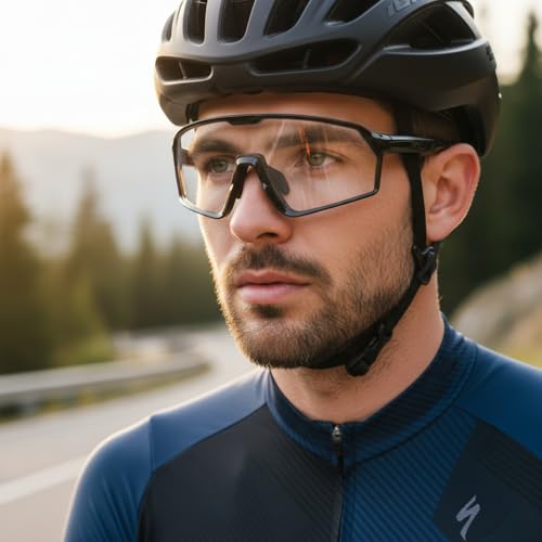 BangLong Photochromic Cycling glasses for Men Women, Clear Running MTB Sunglasses UV Protection - color: Black Frame-photochromic