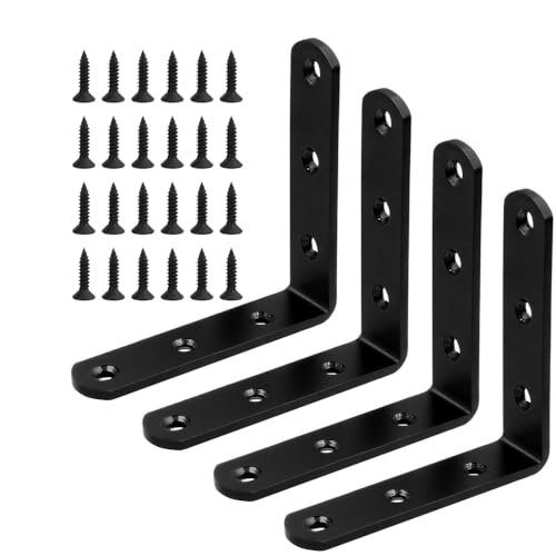 4 Pcs Black Stainless Steel L Bracket 3 x 3 inch Metal Corner Brace Joint Heavy Duty Right Angle Brackets Fastener for Wood, with Screw