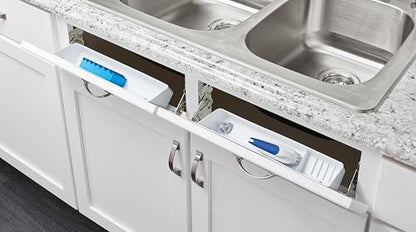 Rev-A-Shelf 14" Tip-Out Plastic Sink Trays for Kitchen and Bathroom Base Cabinet, Pull Out Vanity Shelf Home Organizer, White, 6572-14-11-52