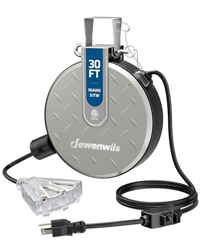 DEWENWILS 30FT Retractable Extension Cord Reel, Ceiling/Wall Mount 16/3 SJTW Power Cord with 3 Lighted Triple Outlets for Garage Shop, 10 Amp Circuit Breaker, Metal Plate, ETL Listed, Silver - color: Silver