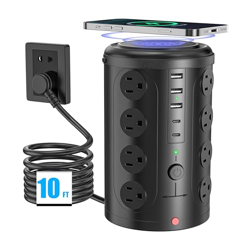 Surge Protector Power Strip,Desk Charging Station with 15W Wireless Charger, Multiple Outlets Charging Station with 16 AC Outlets & 5 USB (2 USB C) Port, for Home, Office, Dorm Room (10FT) - size: 10ft With Wireless Charger
