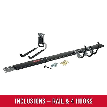 Rubbermaid FastTrack Garage Storage Utility Hooks 5 Piece Black All in One Rail Hook Kit and Tool Organizer Heavy Duty for Home/Garage/Shed/Garden - size: 1 Rail, 4 Hooks
