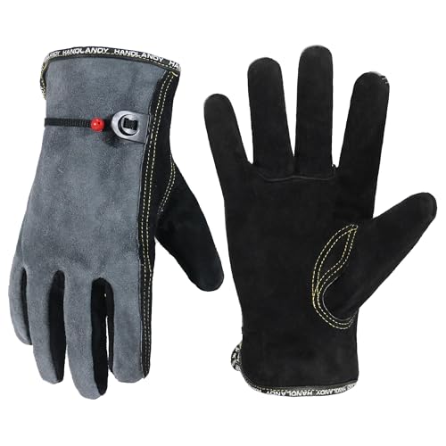 HANDLANDY Leather Work Gloves for Men and Women, Utility Tough Cowhide Glove - color: Black-grey, size: Men's L/Women's XL