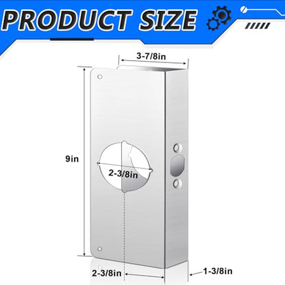 Dunzy 1 Pack 1-3/8 Inch x 9 Inch Door Reinforcement Plate 2-1/8" Thick Stainless Steel Lock and Door Reinforcer Security to Repair Home Wood Metal Knob/Lock/Latch/Deadbolt, Silver