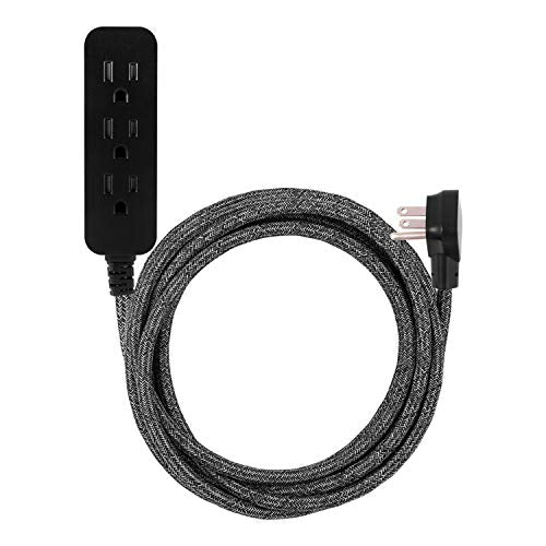 Cordinate 3-Outlet Power Strip Extension Cord with Multiple Outlets 15 Ft Braided Long Cord, Grounded Flat Plug, ETL Listed Gray 50012 - color: Black, size: 15 Ft