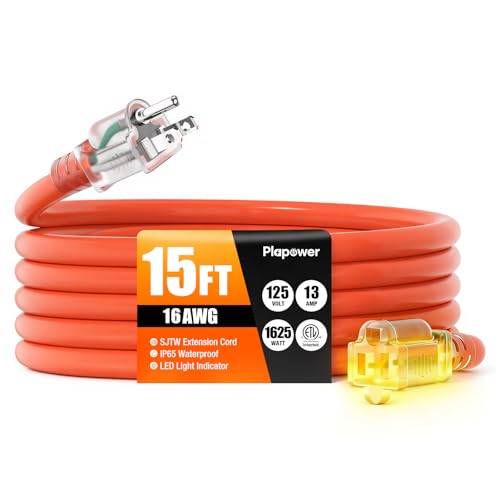 15 FT Outdoor Extension Cord Waterproof, 16/3 Gauge Heavy Duty 3 Prong Power Cord with Lighted Indicator End, 13A 125V 1625W SJTW, ETL Listed, Great for Lawn/Garden/Home(Orange) - color: Orange, size: 15 FT