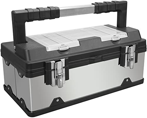 18" Stainless Steel Portable Storage Tool Box Organizer with Metal Lock, Clear Lid Compartments, and Removable Tray - Stainless Steel/Black - style: 19 inch Stainless Steel & plastic toolbox