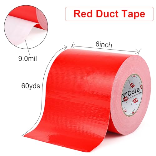 BOMEI PACK 6" Red Duct Tape,Wide Roll,6 Inches x 60 Yards,9 Mil Thick Heavy Duty,Waterproof,Flexible,No Residue and Tear by Hand,Multi-Use for Indoor & Outdoor Repairs - color: Red