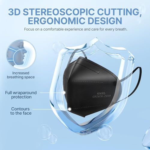 YUAKOU KN95 Protective Face Masks 50pcs, Breathable Comfortable, Disposable Individually Wrapped,5-Ply Protection KN95 Adults Mask Black
