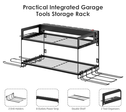 CCCEI Garage Tools Storage with Charging Station. Power Tool Battery Organizer Utility Shelf with Power Strip. 4 Drills Holder Wall Mount Rack, Black. - size: Small, style: 2 Layer