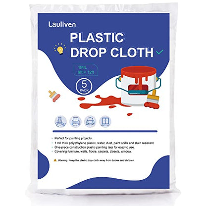 5-Pack Plastic Drop Cloth, 9x12 Feet Clear Plastic Painting Tarps Waterproof, 1 Mil Thick Drop Sheet for Furniture Couch Floor Cover - size: 5 Pack, 9'x12'