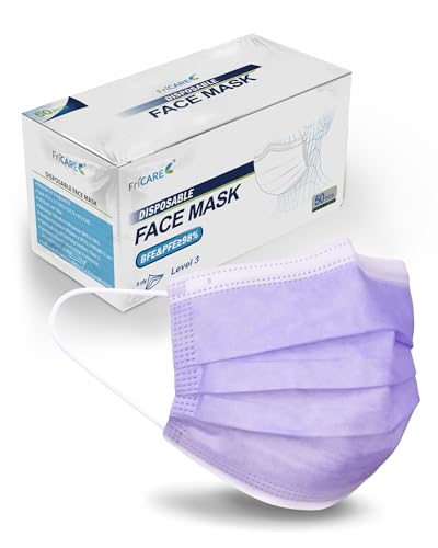 FriCARE Disposable Face Masks, 3-Ply ASTM Level 3 Medical Grade, FSA/HSA Eligible, Breathable & Comfortable for Allergy/Sun Protection, 50 Pack Purple - color: Purple