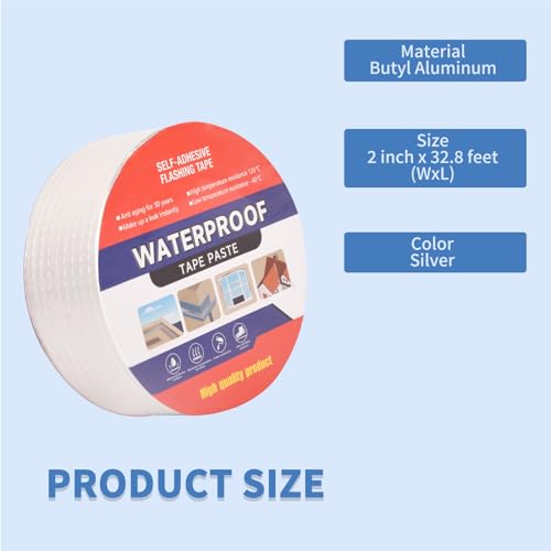 2" W X 32.8'L Waterproof Tape for Leaks Aluminum Butyl Tape with Adhesive for RV Repair, Glass Repairs, Air Mattress Patch, Window Caulking, Boat Sealing, Roof Patching - size: 2in x 32.8ft