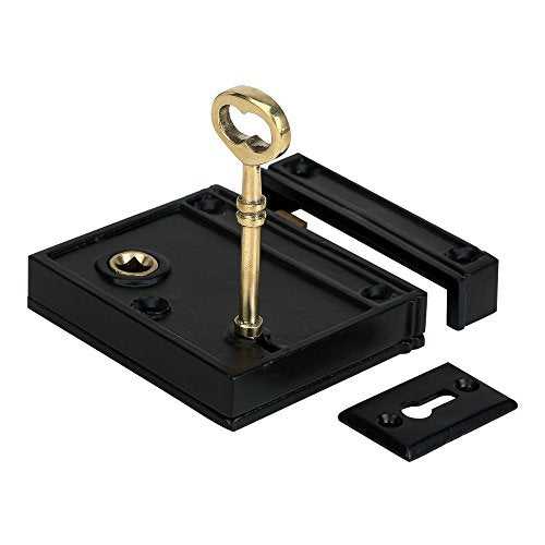 A29 Cast Iron Rim Lock Heavy Duty, Weather and Rust Resistant, Manual Latch for French & Screen Doors, Easy Install Hardware Included - Black Powder Coat Finish, Compact Size, 3.8" x 3.8", Vertical - style: Vertical Rim Lock