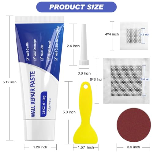 SEISSO Drywall Repair Kit, Wall Mending Agent*3(100g), Wall Patch*4, Scraper and Sandpaper*2, Wall Repair Paste Kit for Wall Cracks, Graffiti, Whitewall Hole Filler and Plaster Dent Repair - color: 3pcs wall paste