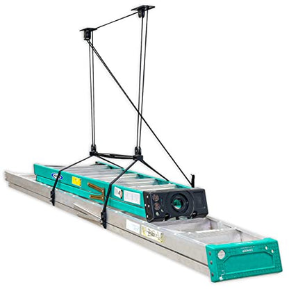 StoreYourBoard Ladder Storage Ceiling Pulley System, Garage Mount Hoist, Heavy Duty Hanging Organizer Holds 150 lbs - size: 10 ft - 14 ft Ceiling