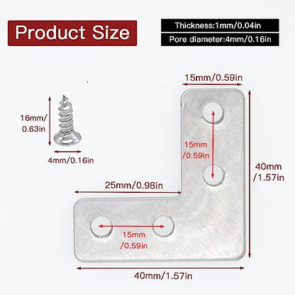 20pcs 1.6 x1.6inch Silver L Flat Shape Braces Corner Bracket, 40x40 mm Decorative Corner Brackets Mending Plate, Stainless Steel 90 Dgree Angle Bracket for Wood Furniture Fixing - size: Silver 40x40 mm