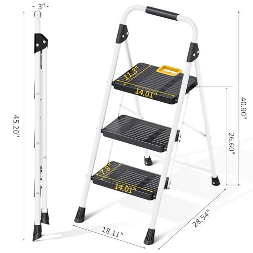 KINGRACK 3 Step Folding Ladder, 800lbs Capacity Step Stool with Safety Lock, Non-Skid Wide Pedals, and Handrail, Lightweight, Household Ladder for Home, Kitchen, Pantry, Closets, and Office Use, White - size: 3-step