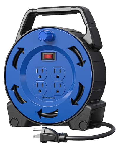 DEWENWILS Extension Cord Reel with 30 FT Power Cord, Hand Wind Retractable, 16/3 AWG SJTW, 4 Grounded Outlets, 13 Amp Circuit Breaker, Blue/Black, UL Listed - color: Blue