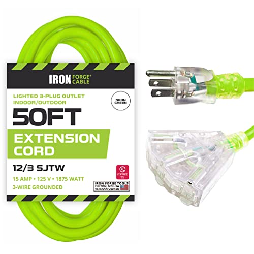 Iron Forge Cable 50 Foot Lighted Outdoor Extension Cord with 3 Outlets - 12/3 SJTW Heavy Duty Light Green Extension Cable 3 Prong - Multiple Outlets - color: Neon Green, size: 50 Foot