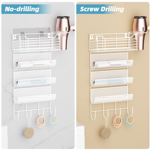 VITVITI Metal Hair Tool Organizer Wall Mount, Hair Dryer Holder with 4 Tier Shelf Basket Hooks, Bathroom Hairs Styling Tool Organizer for Curling Iron/Blow Dryer/Straightener, White - color: 5 Tiers White