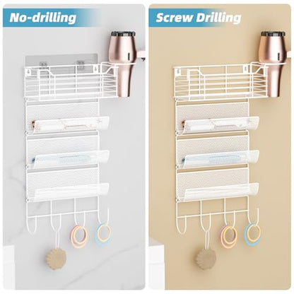 VITVITI Metal Hair Tool Organizer Wall Mount, Hair Dryer Holder with 4 Tier Shelf Basket Hooks, Bathroom Hairs Styling Tool Organizer for Curling Iron/Blow Dryer/Straightener, White - color: 5 Tiers White