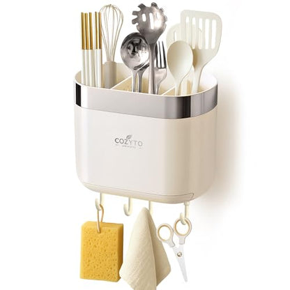 COZYTO LuxTray U1-Pro Wall Mounted Utensil Holder – Kitchen Organizer with Hooks, Dividers & Drain Tray, No-Drill Adhesive Wall Mount Storage, BPA-Free (Cream White & Shiny Silver) - color: Cream White & Shiny Silver
