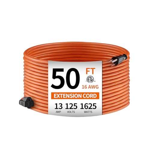 KTMC 50ft 16AWG Outdoor Extension Cord, Indoor/Outdoor 50-Foot SJTW 16/3 Gauge Extension Cable with Durable Weatherproof PVC Vinyl Jacket, 3-Prong Grounded Plug, ETL Certified 13A 1625W, Orange - size: 50FT