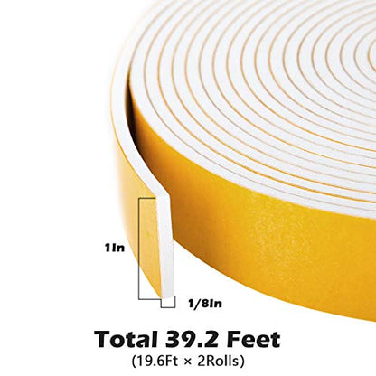 White Foam Sealing Weather Stripping Window Seal Door Frame Insulation Closed Cell High Density Wide Adhesive Foam Tape, 1" Wide X 1/8" Thick, 19.6 Ft X 2 Rolls, Total 39.2 Feet - color: White, size: 1 In x 1/8 In x 39Ft
