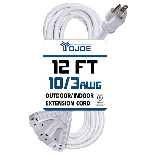 YOJOE 3-Outlets Indoor Outdoor Extension Cord, 3 Prong 15A Weatherproof Power Cord Multiple Outlets, 10 Gauge Heavy Duty 12 ft White Extension Cord for Garage, Garden, 10/3 SJTW UL Listed - color: White, size: 12 Foot, style: 3-Outlets