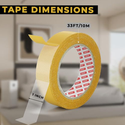 SWRT Double Sided Fabric Tape 1" x 33FT – Heavy Duty, Clear, No Residue, Strong Adhesion for Carpet, Crafts, Clothing, Outdoor & Indoor Use