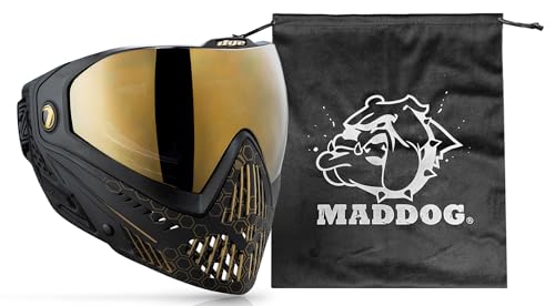 Maddog Dye i5 Thermal Anti-Fog Paintball Airsoft Mask Goggle System Combo with Microfiber Bag | Safety Certified Protection - color: Hypercam Black/Gold Fade