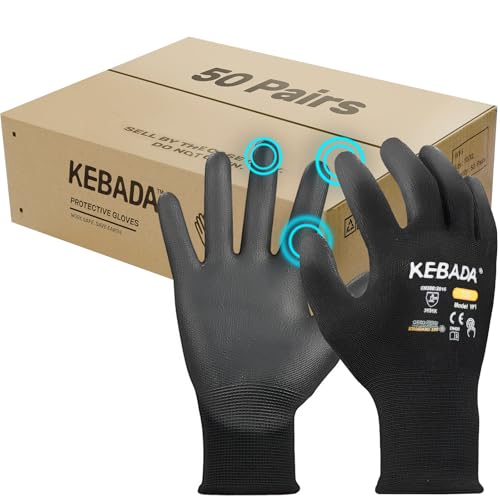 Kebada W1 Safety Work Gloves, PU Coated Touch Screen Work Gloves with Grip, Bulk Pack Working Gloves for Warehouse, Construction, Gardening and Mechanic Use, Black, 50 Pairs, X-Small - color: 50-pairs Black, size: X-Small