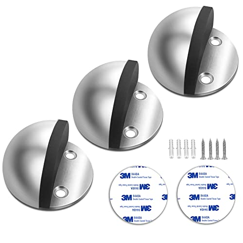3 Pack Door Stoppers Self Adhesive Floor Door Stops Stainless Steel with Sound Dampening Rubber Bumper No Drilling Doorstop Wall Protector - color: Silver, size: 3 Pack