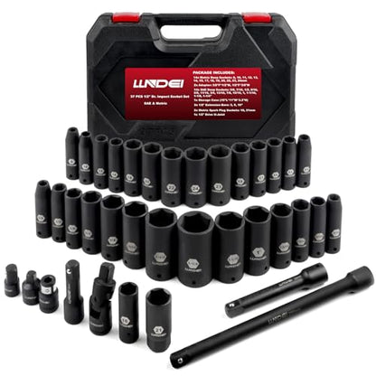 LLNDEI 1/2 inch Drive Deep Impact Socket Set, 37 Piece Standard SAE 3/8" to 1-1/4" | Metric 8 to 24mm, Includes Spark Plug Socket (16, 21mm), CR-MO Universal Joint, Extension Bars and Adapter - size: 37-piece 1/2" Drive Socket Set Sae & Metric
