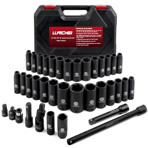 LLNDEI 1/2 inch Drive Deep Impact Socket Set, 37 Piece Standard SAE 3/8" to 1-1/4" | Metric 8 to 24mm, Includes Spark Plug Socket (16, 21mm), CR-MO Universal Joint, Extension Bars and Adapter - size: 37-piece 1/2" Drive Socket Set Sae & Metric