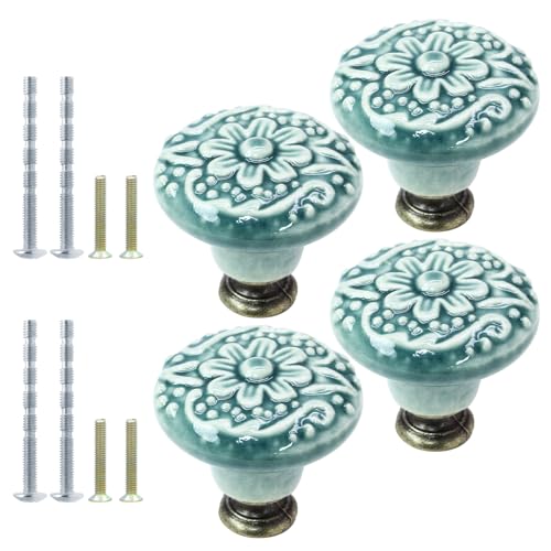 4pcs Green Ceramic Cabinet Knobs, Vintage & Retro Dresser Knobs, Decorative Drawer Pulls for Closet, Cupboard & Furniture Doors - color: Green, size: 4pcs-1.3 Inch