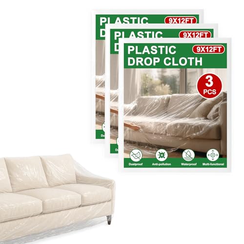 3-Pack 9x12 ft Painter Plastic Drop Cloths Sheet,Waterproof Anti-dust Cover, Disposable Tarp for Painting for Couch/Furniture Cover - size: 3pack