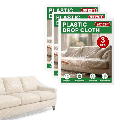 3-Pack 9x12 ft Painter Plastic Drop Cloths Sheet,Waterproof Anti-dust Cover, Disposable Tarp for Painting for Couch/Furniture Cover - size: 3pack
