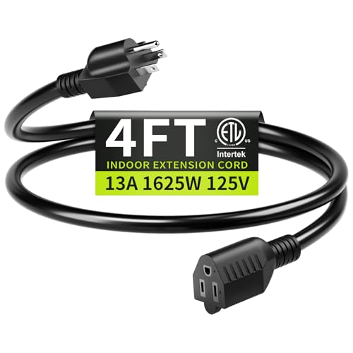 16/3 Black Extension Cord 4 FT, Indoor Extension Cord for Laptops, Coffee Makers, Office Home Appliances, 3 Prong Resistant Cable Flexible, 13A 125V 1625W ETL Listed - color: Black, size: 4FT, style: 16AWG Extension Cord