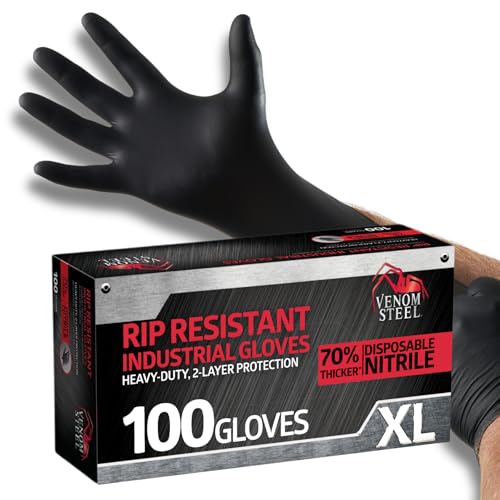 Venom Steel - VEN6144N Nitrile Gloves, Rip Resistant Disposable Latex Free Black Gloves, 2 Layer Gloves, 6 mil Thick, X-Large (Pack of 100) - size: X-Large (Pack of 100)