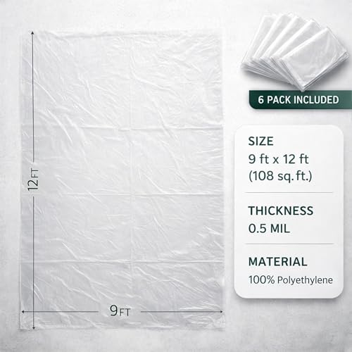 GREEN LIFESTYLE Plastic Drop Cloths for Painting 12 x 9 ft [6 Pack] – Waterproof Paint Drop Cloth, Plastic Sheets Floor Cover, Disposable Tarp for Furniture Protection, Remodeling and Moving - size: Plastic Drop 9x12