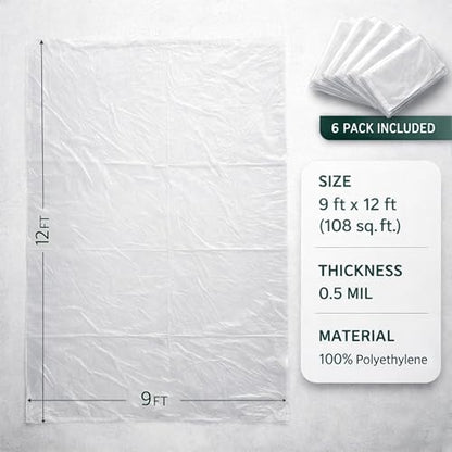 GREEN LIFESTYLE Plastic Drop Cloths for Painting 12 x 9 ft [6 Pack] – Waterproof Paint Drop Cloth, Plastic Sheets Floor Cover, Disposable Tarp for Furniture Protection, Remodeling and Moving - size: Plastic Drop 9x12