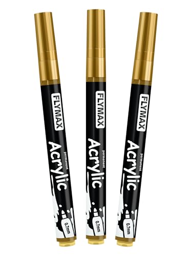 FLYMAX Gold Marker Paint Pens - Permanent Marker Pens Gold Acrylic Paint Water-Based 0.7mm Fine Tip Waterproof Quick-Drying (3 in 1Pack) - color: Gold