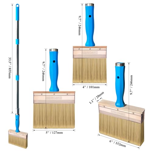 Deck Stain Brush, 3 PCS Wide Paint Brushes (4", 5", 6") for Faster Coverage with 1 Piece Extension Pole (33.5"), Stain Brushes for Wood, Deck, Walls, Fence and House - color: With Pole, 4", 5", 6"