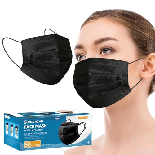 Jointown Disposable Face Mask - 3 Ply Protection Face Masks, 50 Pack Black - color: Black