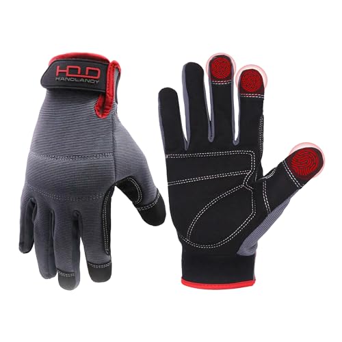 HANDLANDY Work Gloves for Men & Women, Utility Mechanic Working Gloves Touch Screen, Flexible Gardening Gloves for Yard - color: Grey (1 Pair), size: X-Large