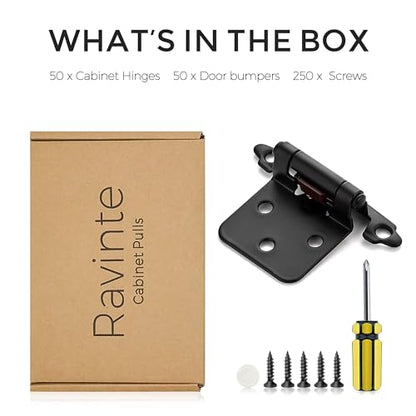 Ravinte 50 Pack 25 Pairs 1/2" Overlay Cabinet Door Hinges Kitchen Black Semi-Concealed Hinges Face Mount Self-Closing Cabinet Hardware with Bumpers & Screwdriver - size: 1/2 inch Overlay