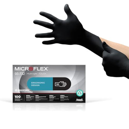 Ansell Microflex 93-732 Nitrile Disposable, Latex & Powder Free, Food Approved, Multi-Purpose, Medical & Industrial Protection, Latex Free, Single Use, Black, Size S (100 Gloves) - size: Small, style: Thin